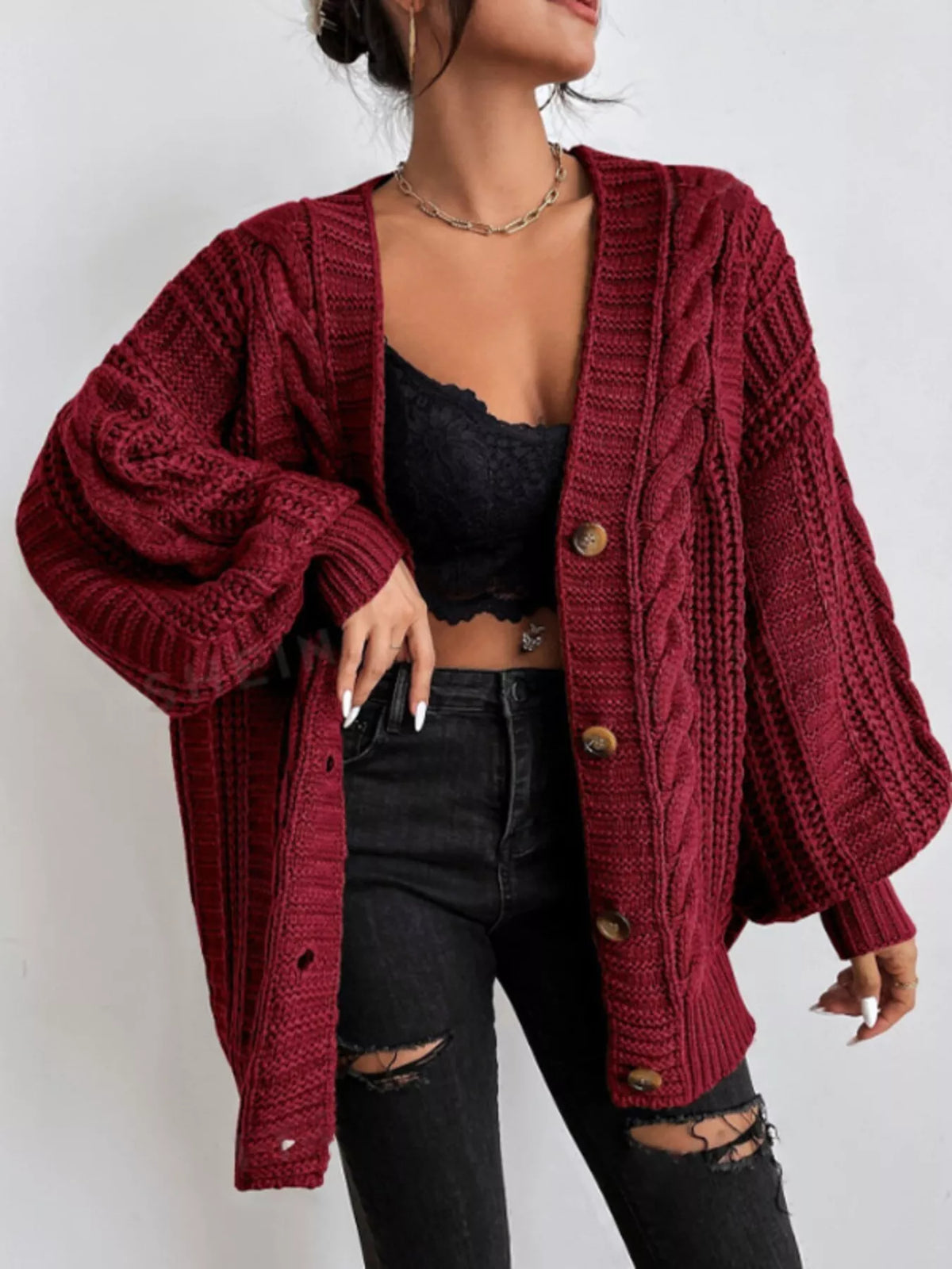 Margaux kabelstickad cardigan, mörkröd