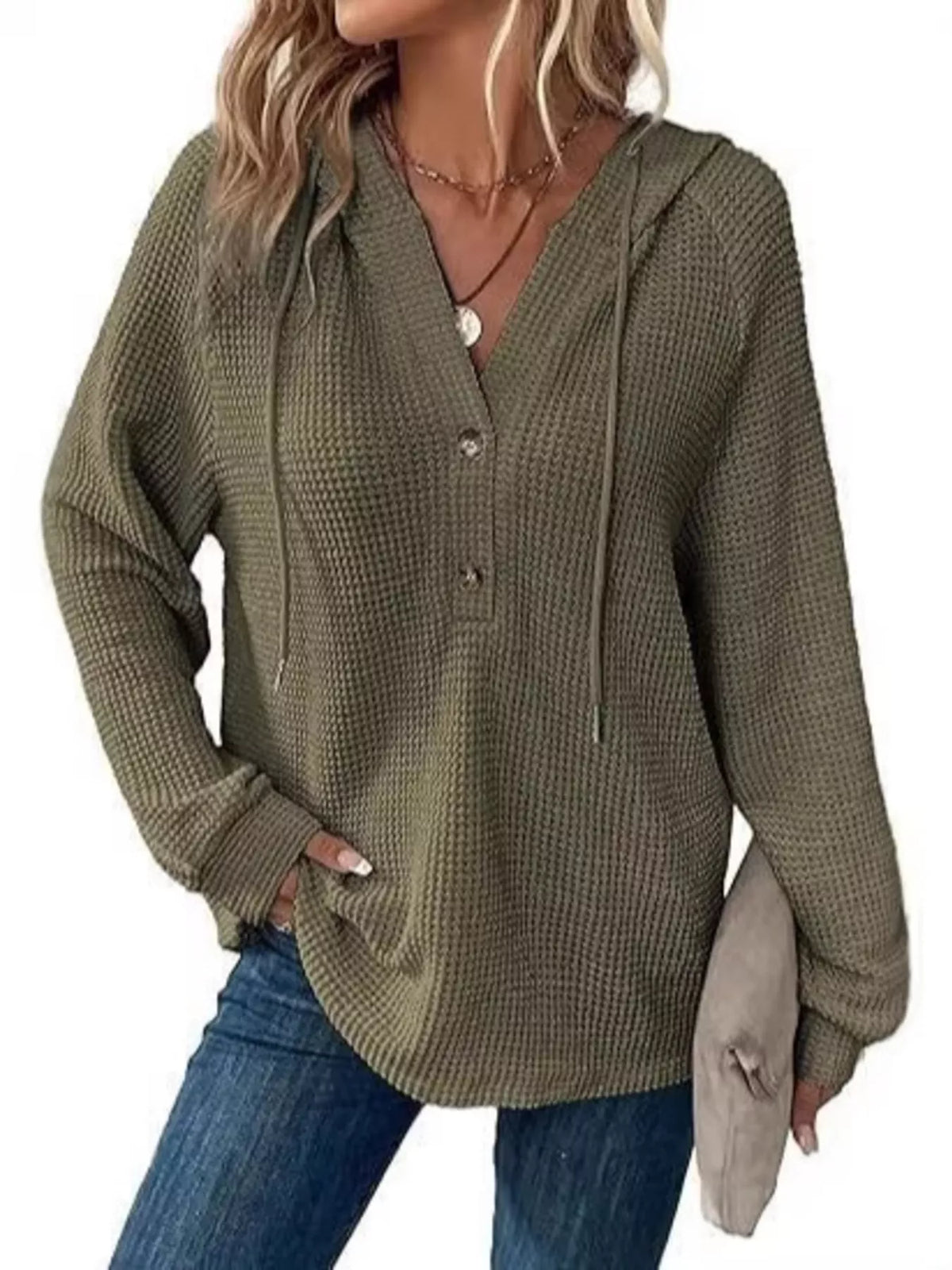 Edna våffelstickad hoodie, grön