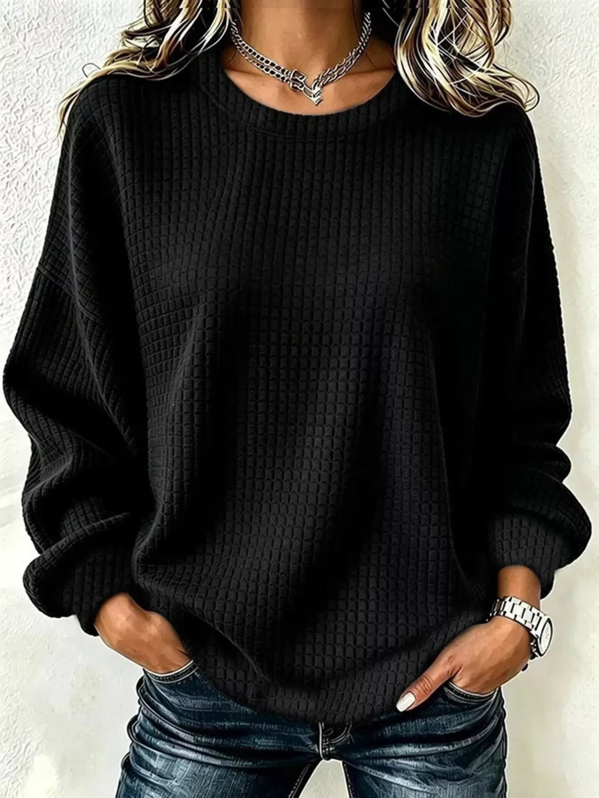 Alfrida våffelstickad sweatshirt, svart