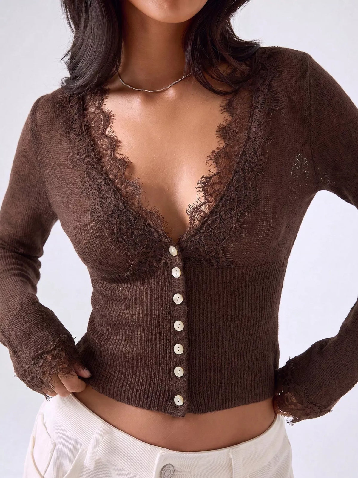 Brisa spetskantad cardigan, chokladbrun